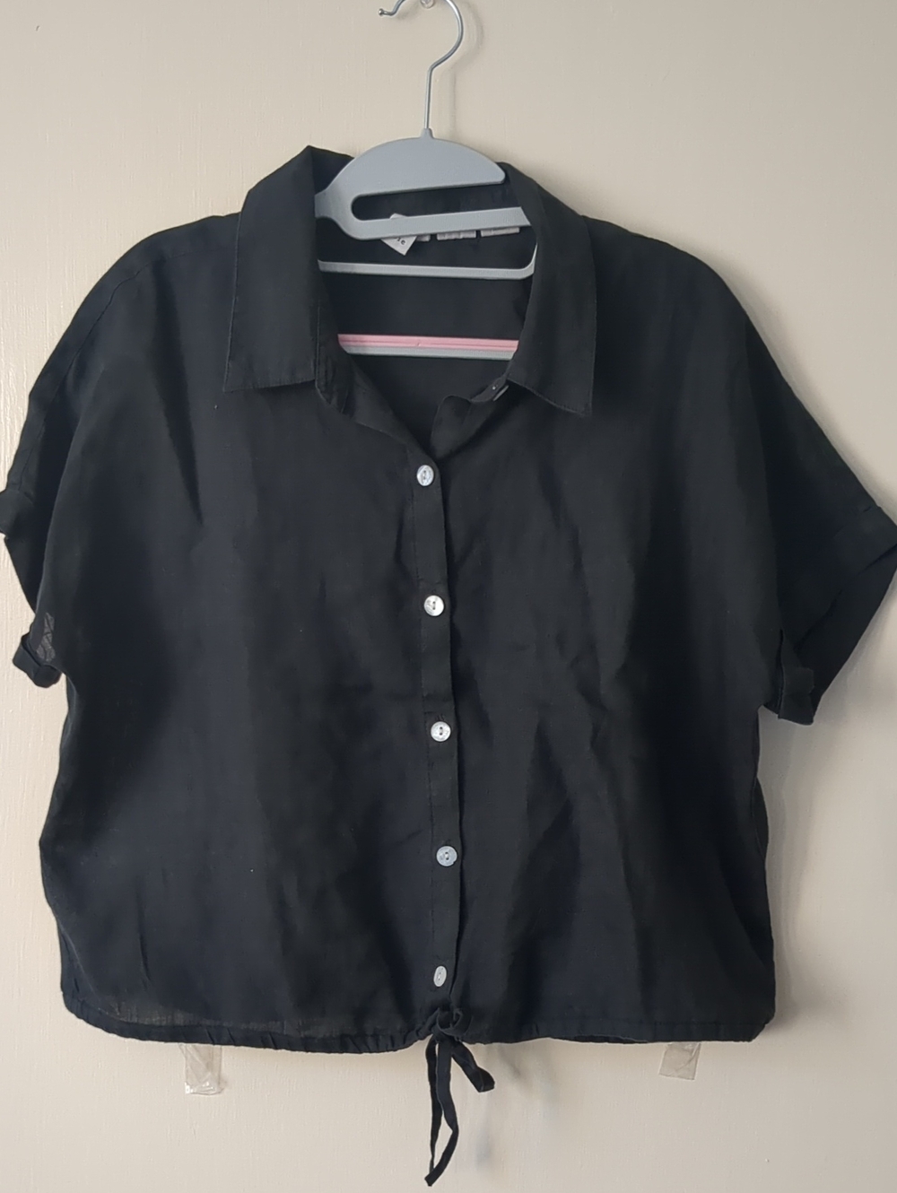 Joie Cropped Black Linen Button Down Blouse, Size L